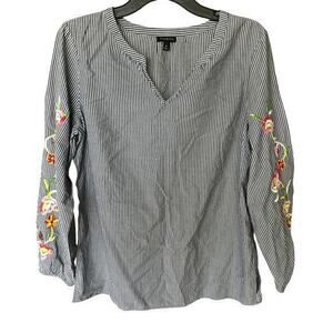 TALBOTS chambray striped embroidered sleeve Cottagecore boho whimper blouse sz M
